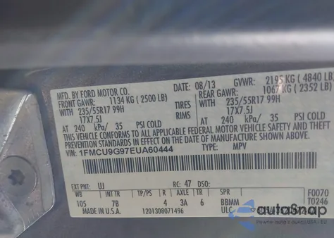 2014 Ford Escape Se из США, поврежденный, VIN 1FMCU9G97EUA60444